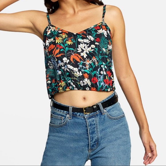 ✨HP✨🆕 RVCA | Vibrant Black & Turquoise Floral Tracker Crop Tank Top. - Picture 11 of 12